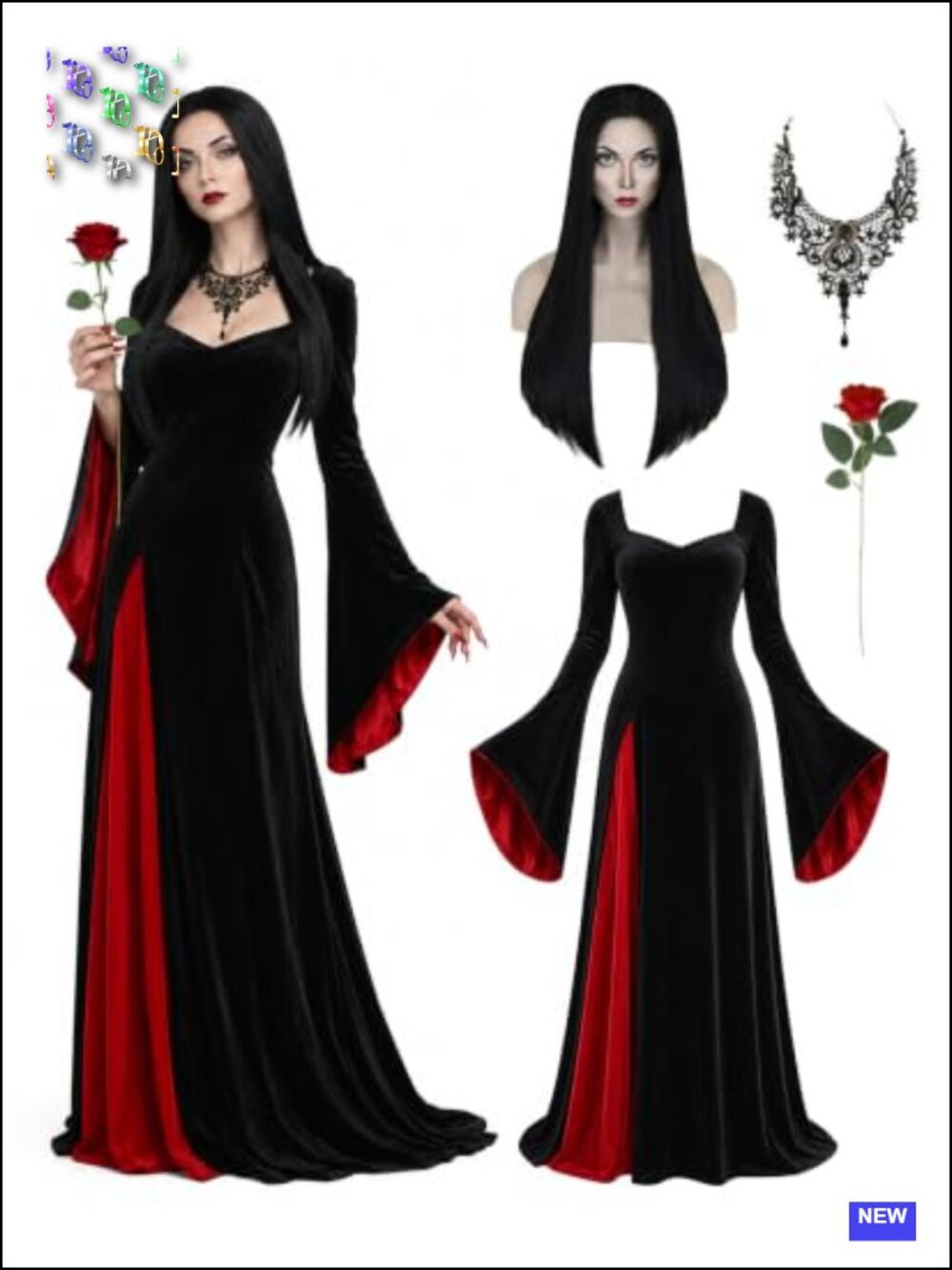 Morticia Costume with Wig Gothic Velvet Maxi Dress Halloween Cosplay